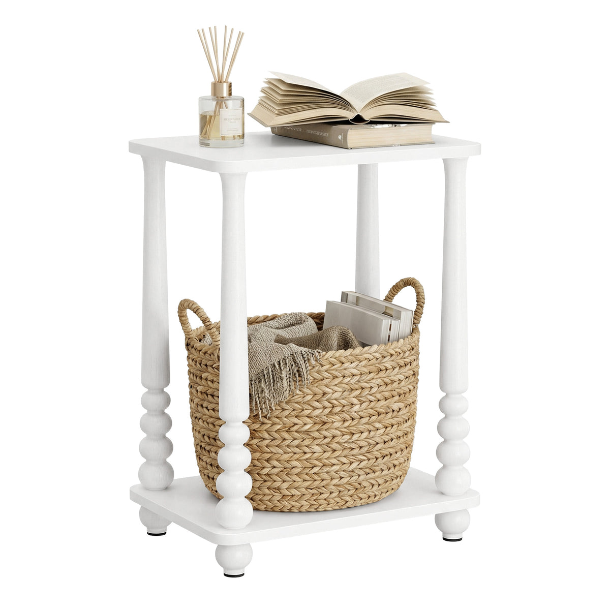 Nightstand with Shelf, Rectangular End Table, Solid Wood Legs, Mid-Century for Bedroom or Living Room, White