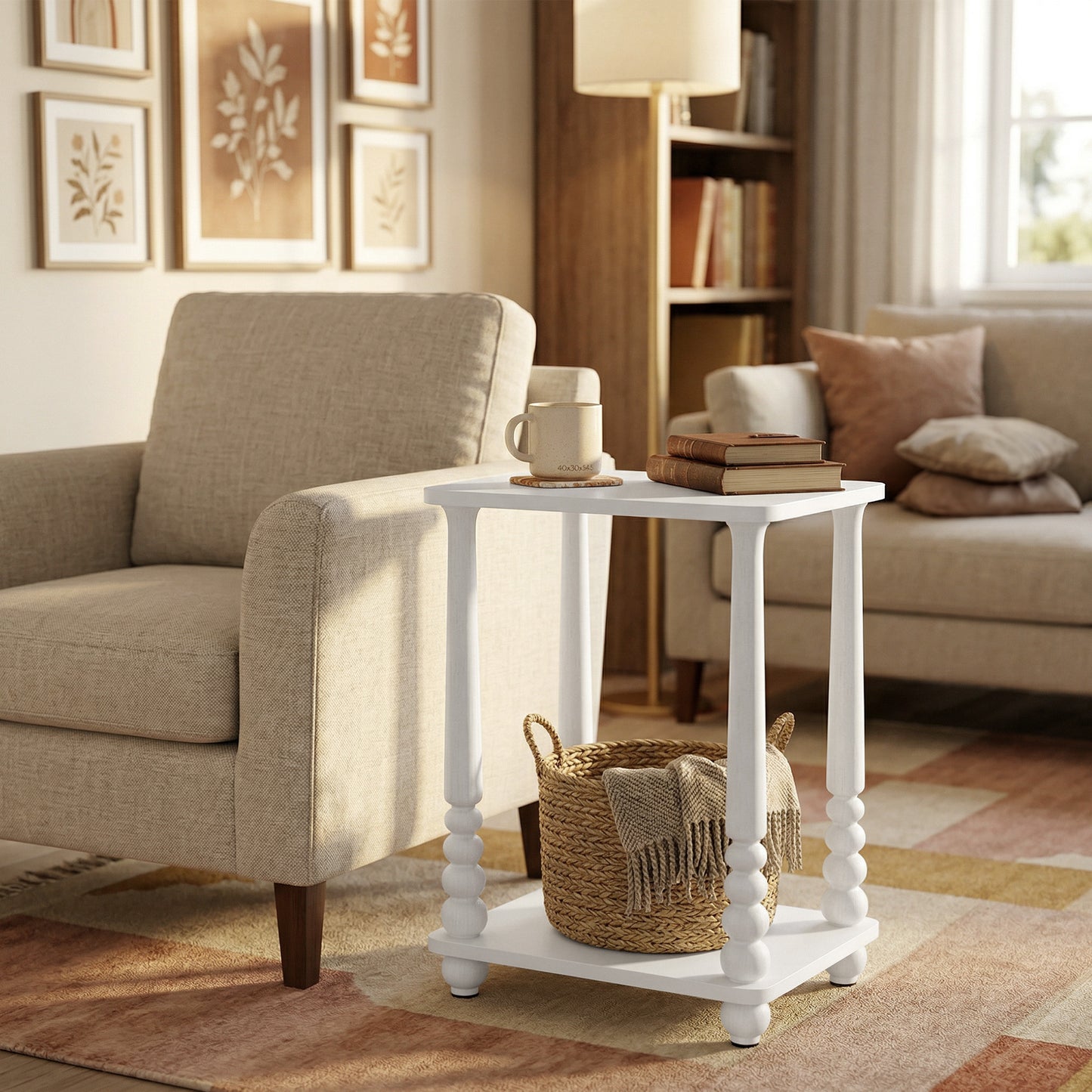 Nightstand with Shelf, Rectangular End Table, Solid Wood Legs, Mid-Century for Bedroom or Living Room, White