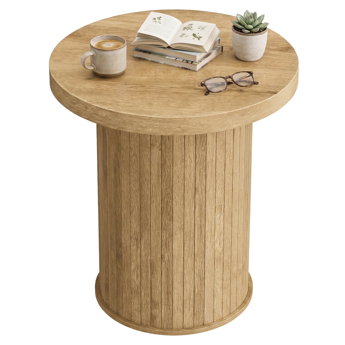 Tambour Round Side Table, Nightstand, Bedside Table for Small Spaces, Easy Assembly, for Living Room, Bedroom, Brown