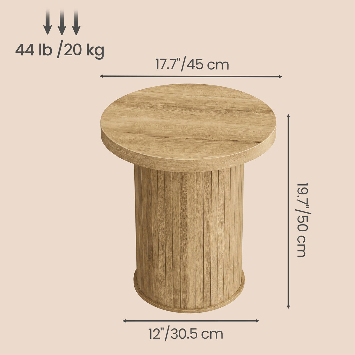 Tambour Round Side Table, Nightstand, Bedside Table for Small Spaces, Easy Assembly, for Living Room, Bedroom, Brown