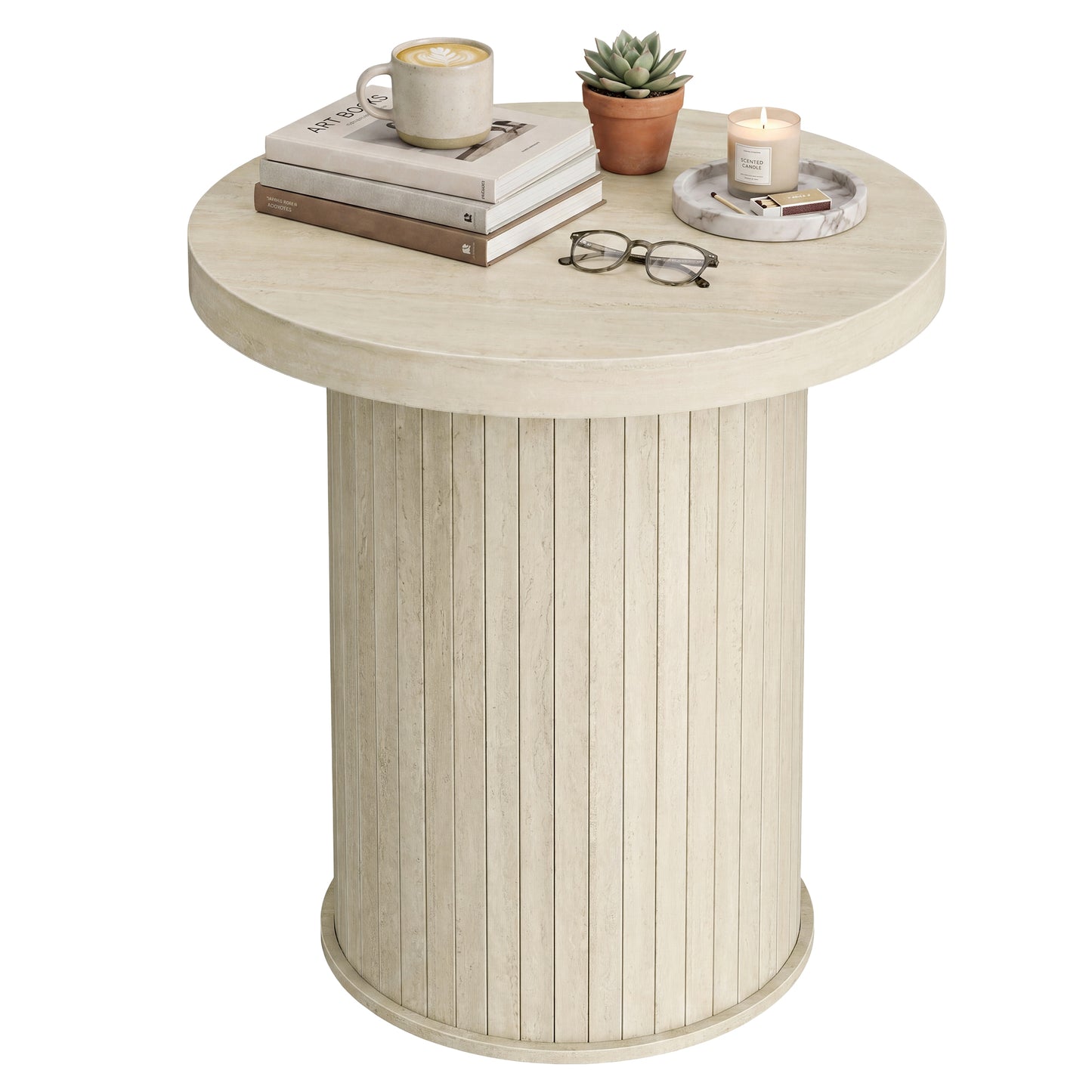 Tambour Round Side Table, Nightstand, Bedside Table for Small Spaces, Easy Assembly, for Living Room, Bedroom, Beige