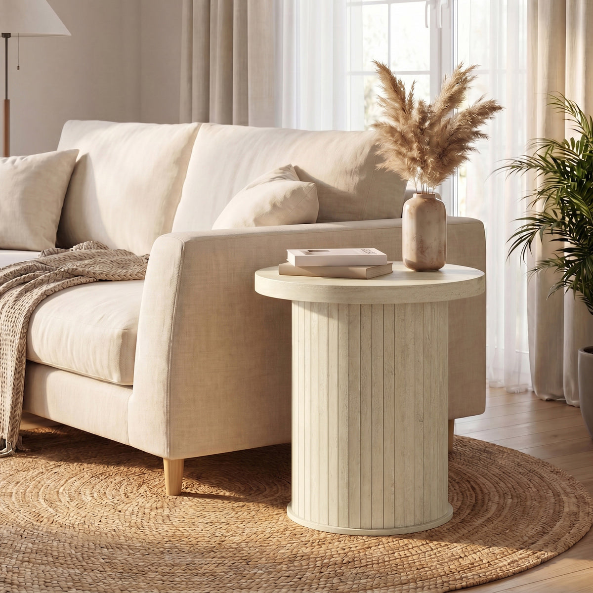 Tambour Round Side Table, Nightstand, Bedside Table for Small Spaces, Easy Assembly, for Living Room, Bedroom, Beige
