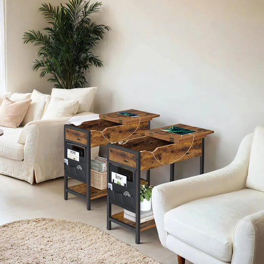 2-Pack Charging Side Tables with Storage, Nightstands with 4 Ports & Fabric Baskets, End Tables for Small Spaces, Rustic Brown