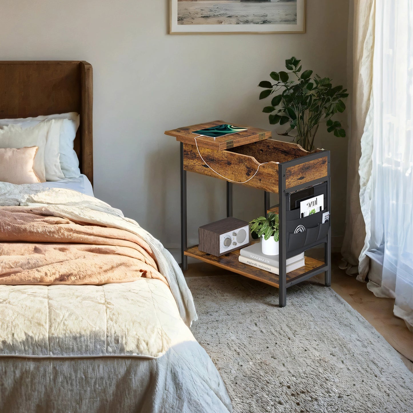 2-Pack Charging Side Tables with Storage, Nightstands with 4 Ports & Fabric Baskets, End Tables for Small Spaces, Rustic Brown