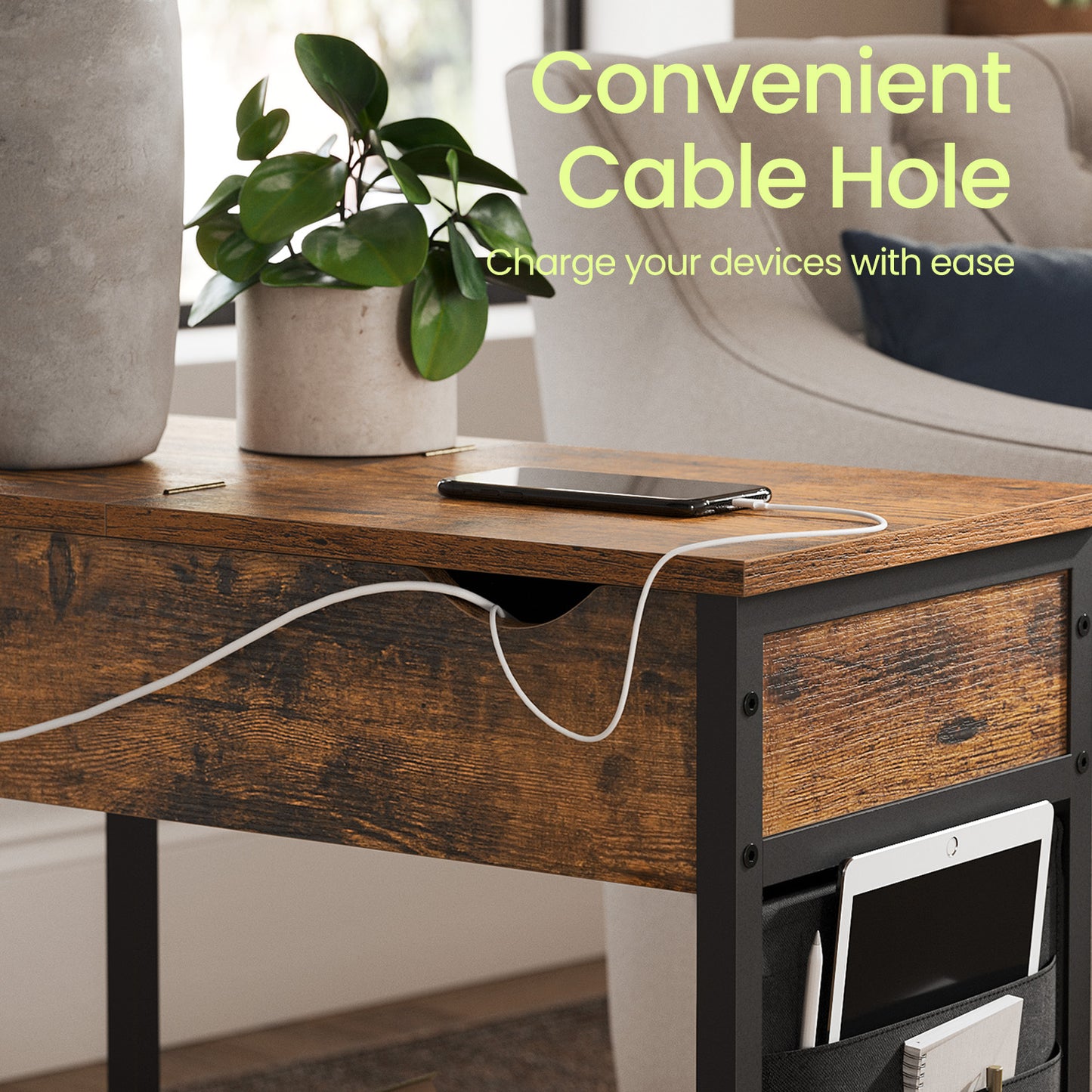 2-Pack Charging Side Tables with Storage, Nightstands with 4 Ports & Fabric Baskets, End Tables for Small Spaces, Rustic Brown