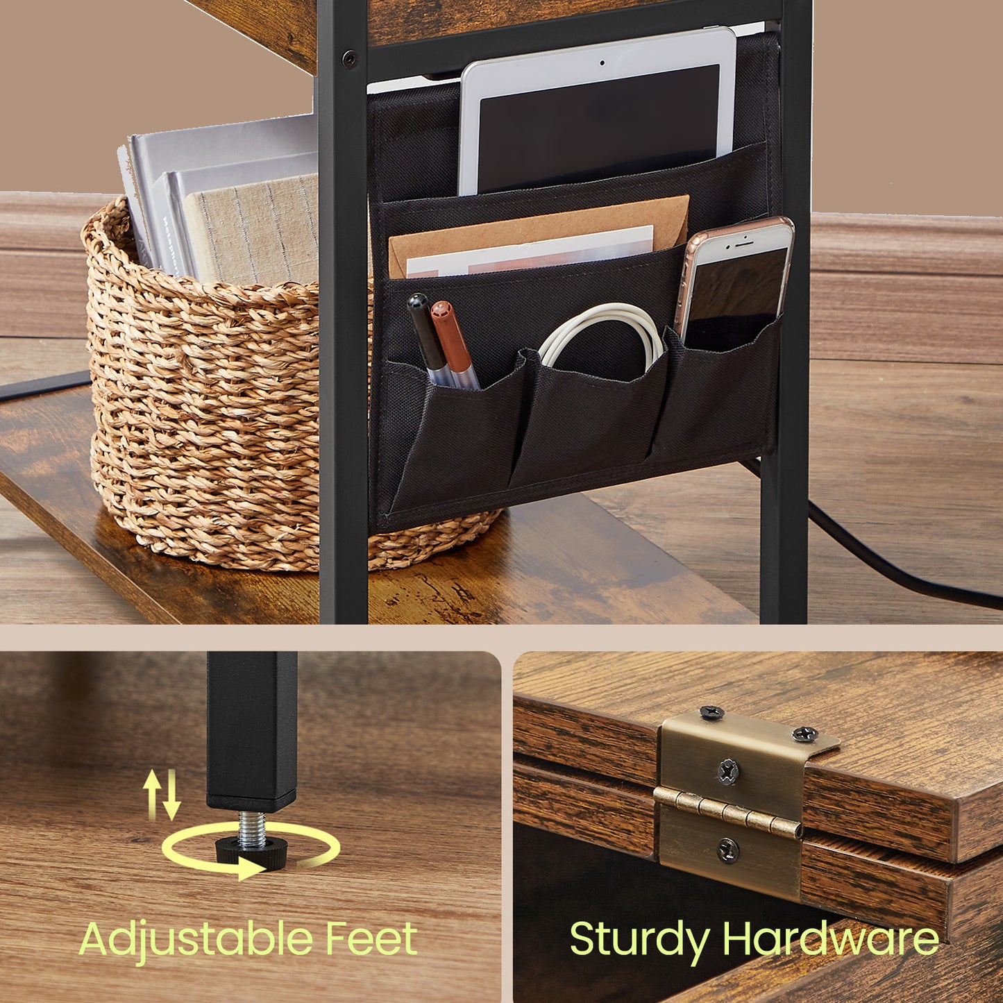 2-Pack Charging Side Tables with Storage, Nightstands with 4 Ports & Fabric Baskets, End Tables for Small Spaces, Rustic Brown