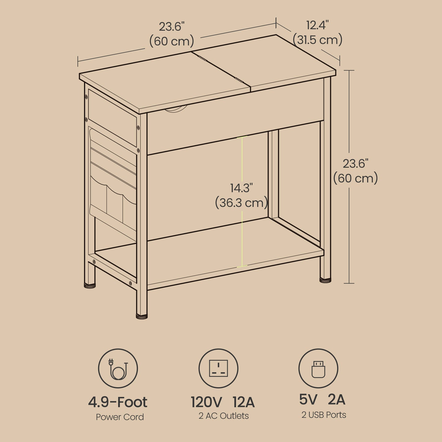 2-Pack Charging Side Tables with Storage, Nightstands with 4 Ports & Fabric Baskets, End Tables for Small Spaces, Rustic Brown