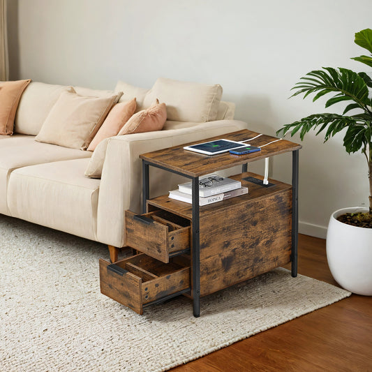 Narrow Charging Side Table - Rustic End Table with 2 Drawers & Power Strip, Space-Saving Nightstand, Brown and Black