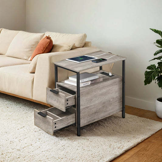 Narrow Charging Side Table - Slim End Table with 2 Drawers & Power Strip, Space-Saving Nightstand, Greige and Black