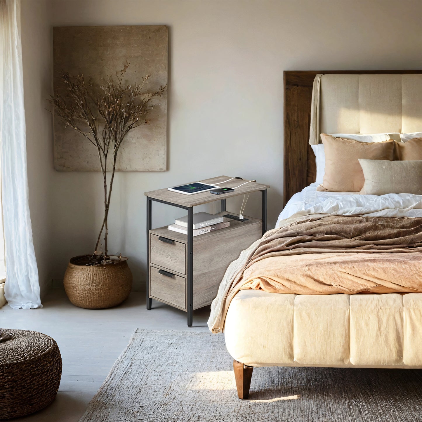 Narrow Charging Side Table - Slim End Table with 2 Drawers & Power Strip, Space-Saving Nightstand, Greige and Black