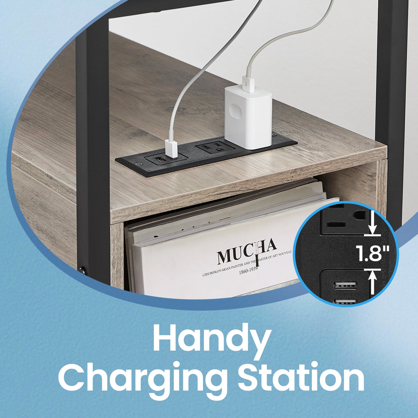 Narrow Charging Side Table - Slim End Table with 2 Drawers & Power Strip, Space-Saving Nightstand, Greige and Black
