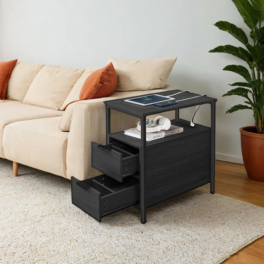 Narrow Charging Side Table - Slim End Table with 2 Drawers & Power Strip, Space-Saving Nightstand for Small Spaces, Black