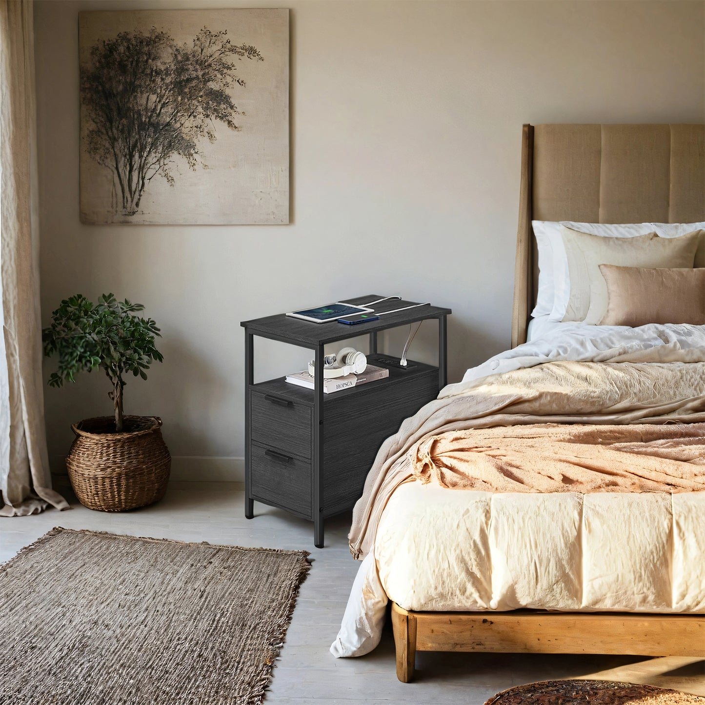 Narrow Charging Side Table - Slim End Table with 2 Drawers & Power Strip, Space-Saving Nightstand for Small Spaces, Black