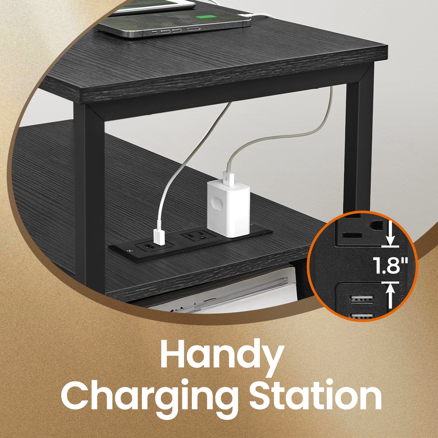 Narrow Charging Side Table - Slim End Table with 2 Drawers & Power Strip, Space-Saving Nightstand for Small Spaces, Black