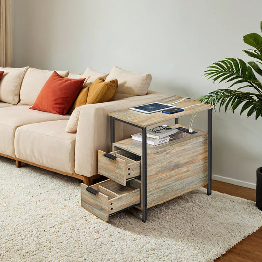 Narrow Charging Side Table - Slim End Table with 2 Drawers & Power Strip, Oak with Blue Grains and Black