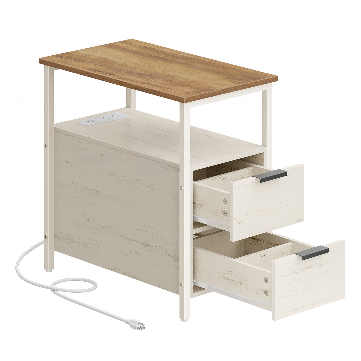 LEDREM Narrow Side Table with Charging Station, End Table with 2 Drawers, Slim Nightstand, White and Brown