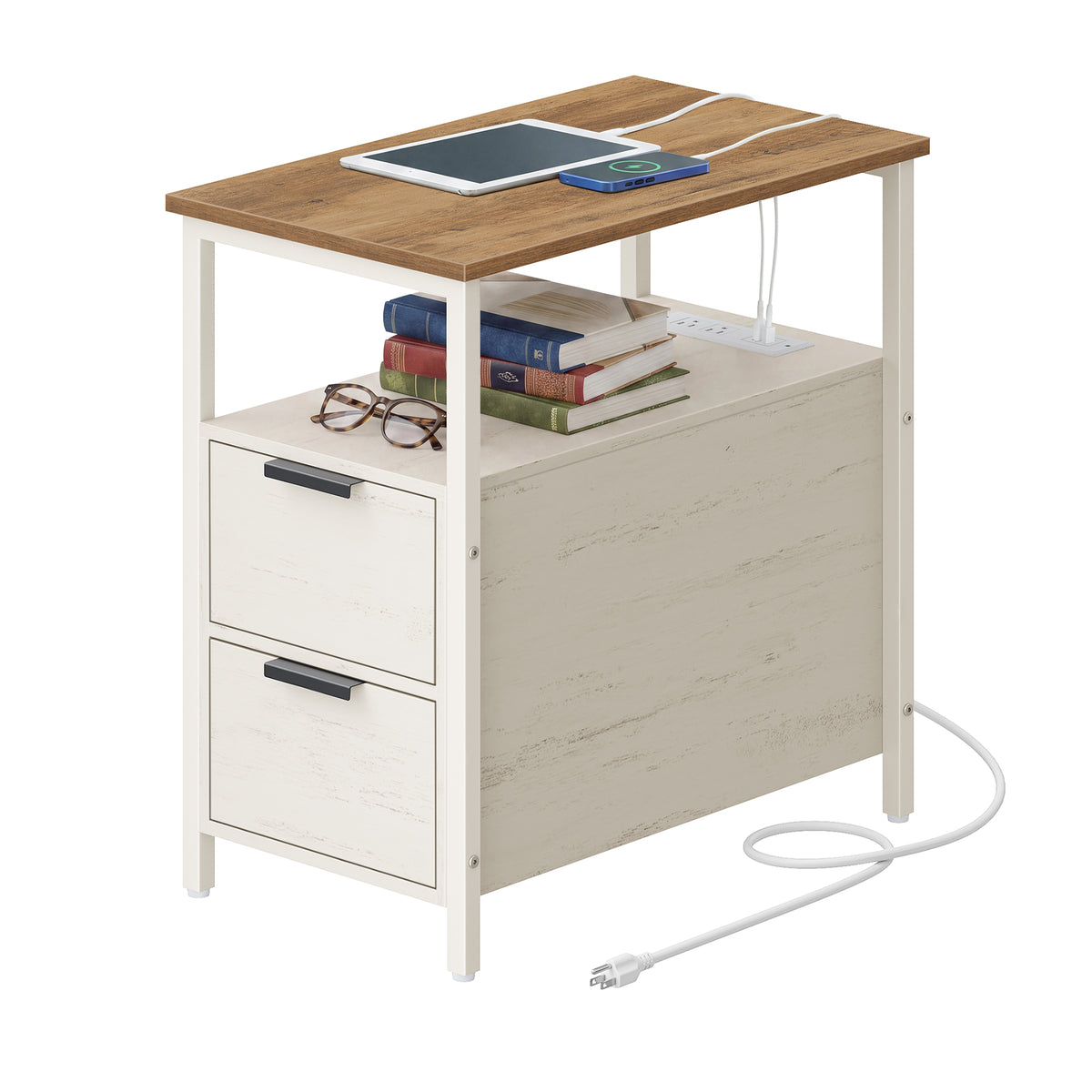 LEDREM Narrow Side Table with Charging Station, End Table with 2 Drawers, Slim Nightstand, White and Brown