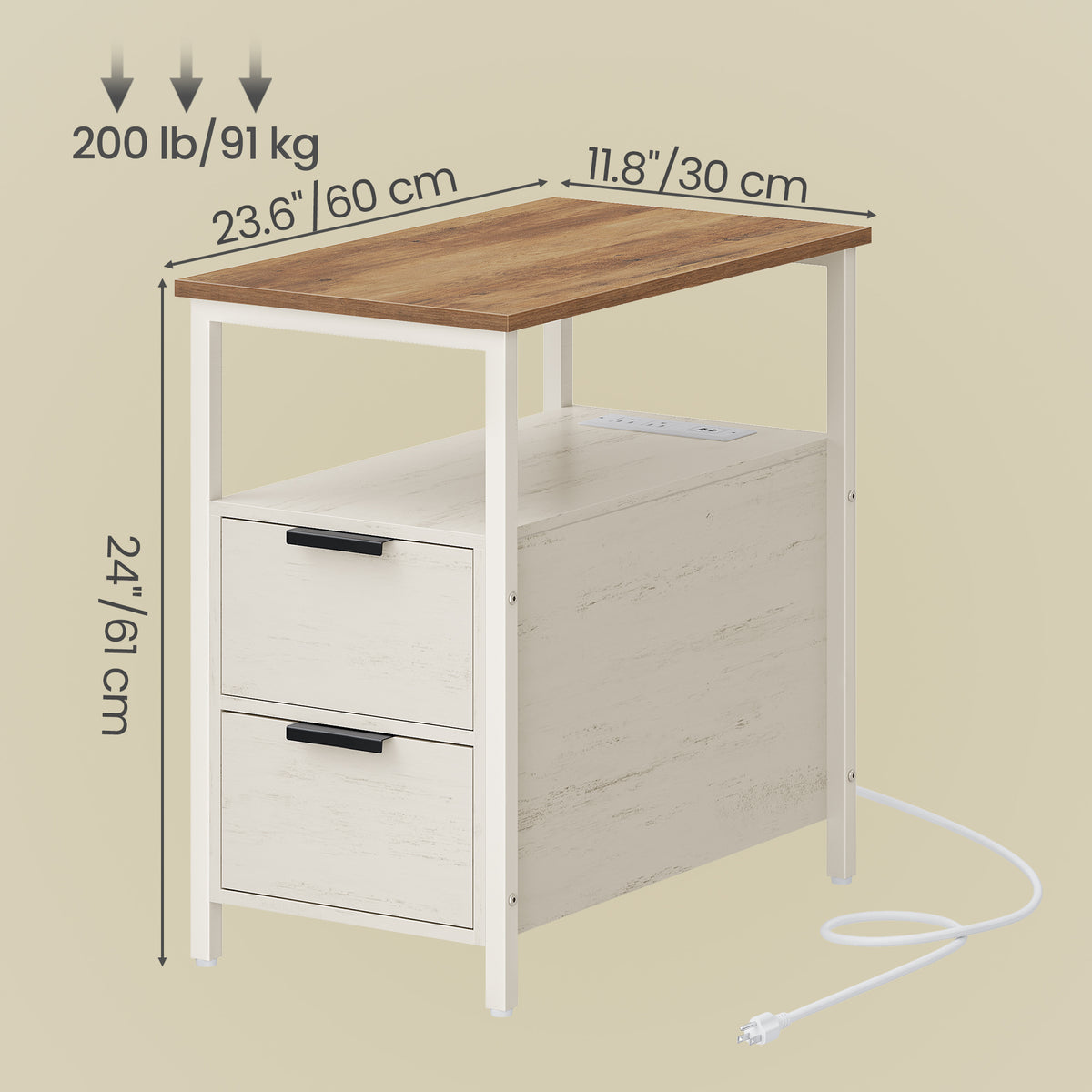 LEDREM Narrow Side Table with Charging Station, End Table with 2 Drawers, Slim Nightstand, White and Brown