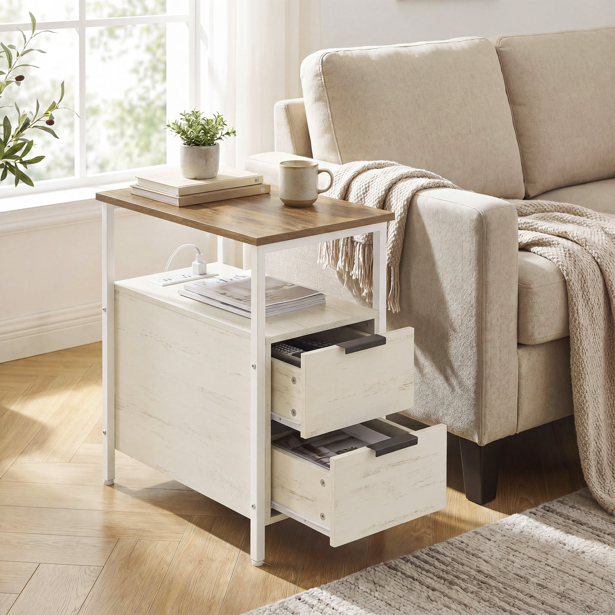 LEDREM Narrow Side Table with Charging Station, End Table with 2 Drawers, Slim Nightstand, White and Brown