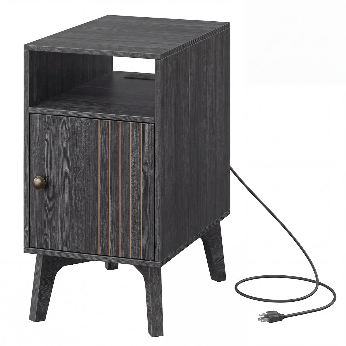 Side Table with Charging Station, Nightstand with Cabinet, Narrow End Table, Tapered Legs, Dark Gray