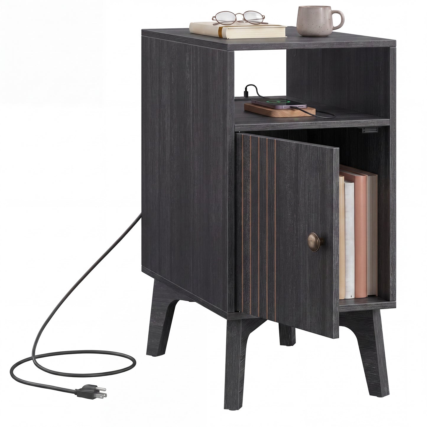 Side Table with Charging Station, Nightstand with Cabinet, Narrow End Table, Tapered Legs, Dark Gray