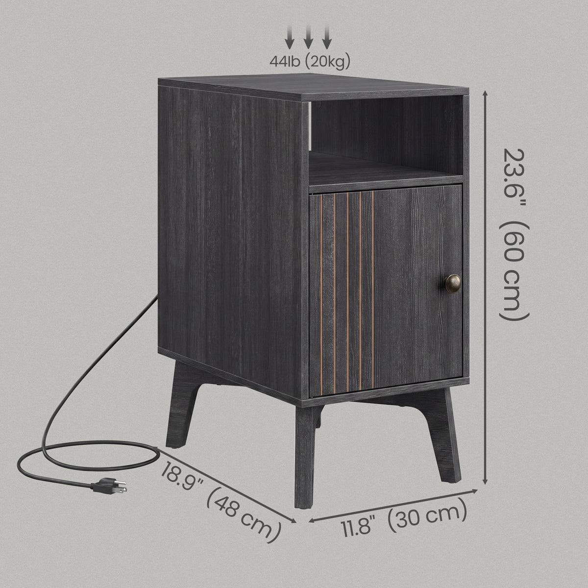 Side Table with Charging Station, Nightstand with Cabinet, Narrow End Table, Tapered Legs, Dark Gray