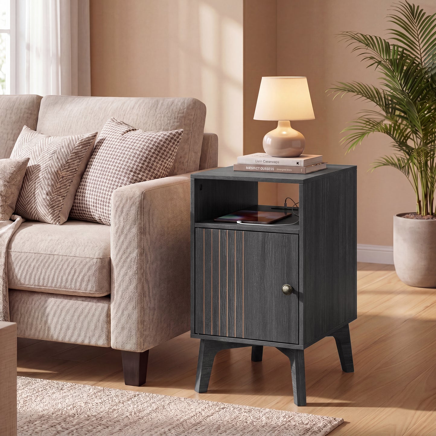 Side Table with Charging Station, Nightstand with Cabinet, Narrow End Table, Tapered Legs, Dark Gray