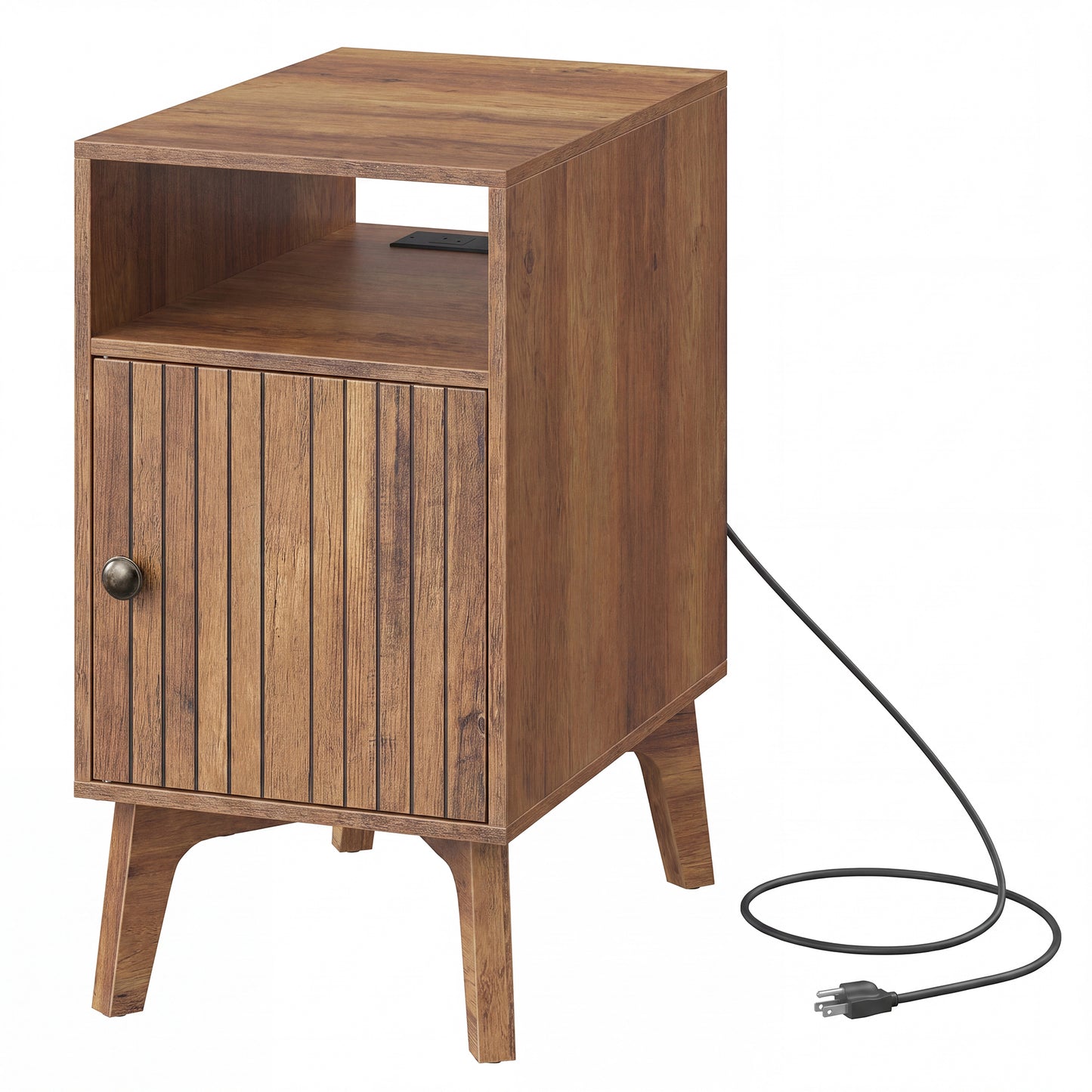 Side Table with Charging Station, Nightstand with Cabinet, Narrow End Table, Tapered Legs, Brown