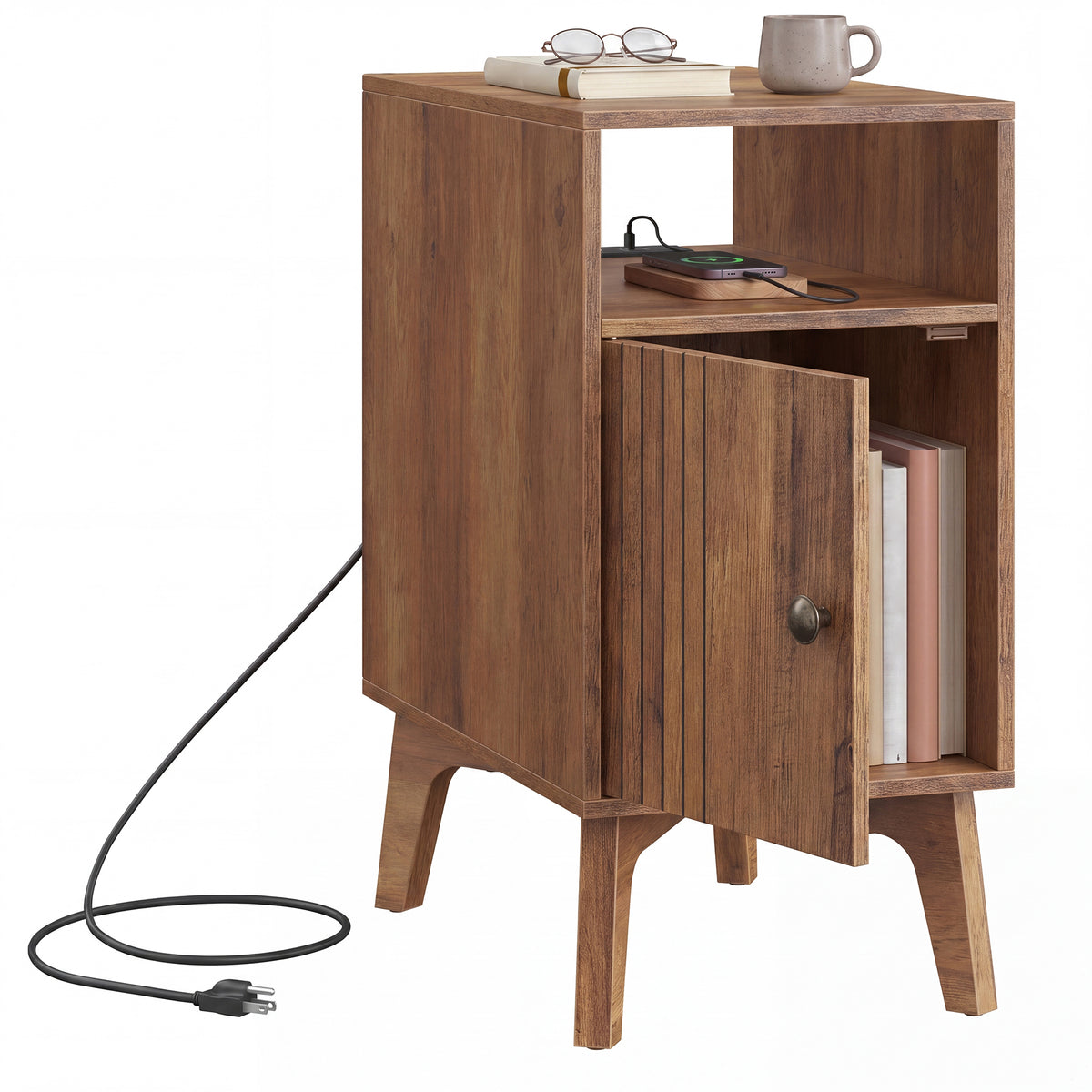 Side Table with Charging Station, Nightstand with Cabinet, Narrow End Table, Tapered Legs, Brown