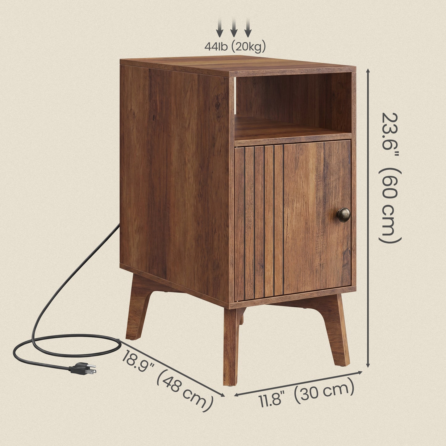 Side Table with Charging Station, Nightstand with Cabinet, Narrow End Table, Tapered Legs, Brown