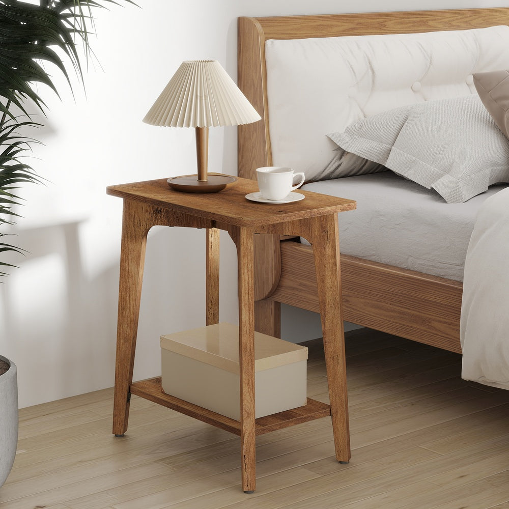 Side Table, 2-Tier Small Rectangular End Table with Lower Shelf & Tapered Legs, Mid-Century Modern Nightstand for Living Room Bedroom, Honey Brown