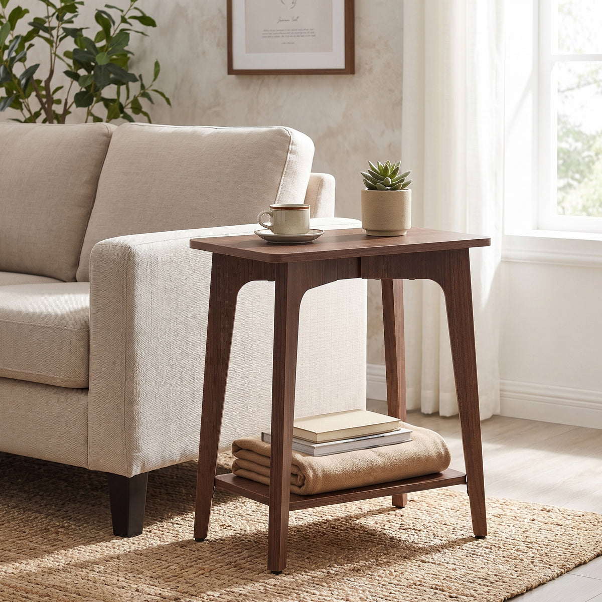 LEDREM End Table 2-Tier Mid-Century Modern Nightstand 18.9 x 11.8 x 21.8 Inches Walnut