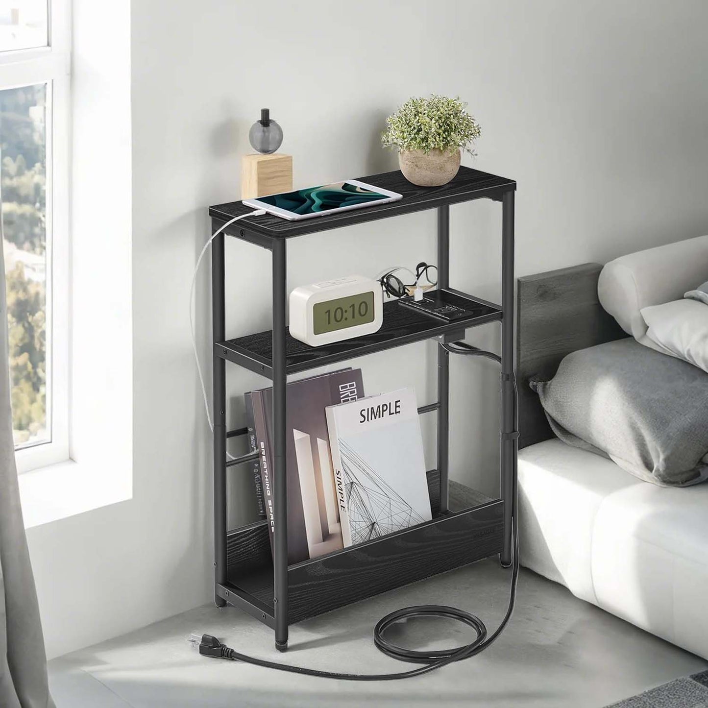 3-Tier Side Table with Charging Station, Narrow End Table with AC Outlet & USB Ports, Nightstand for Living Room, Bedroom, Ebony Black