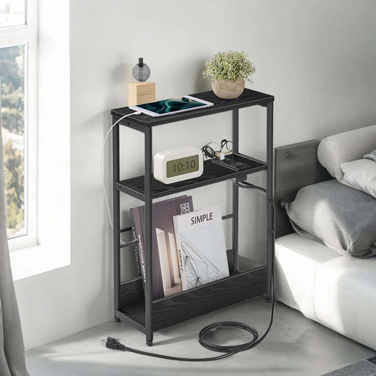 3-Tier Side Table with Charging Station, Narrow End Table with AC Outlet & USB Ports, Nightstand for Living Room, Bedroom, Ebony Black