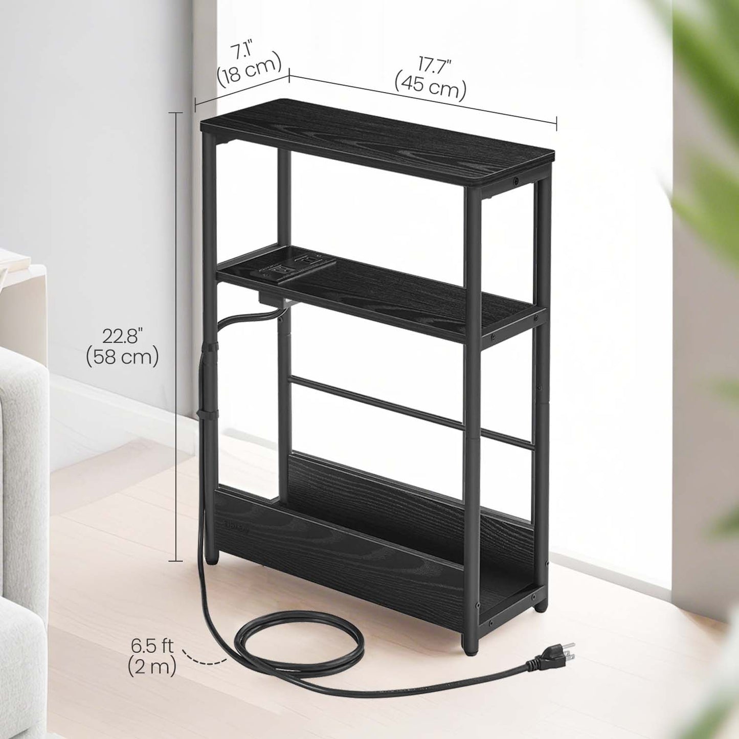 3-Tier Side Table with Charging Station, Narrow End Table with AC Outlet & USB Ports, Nightstand for Living Room, Bedroom, Ebony Black