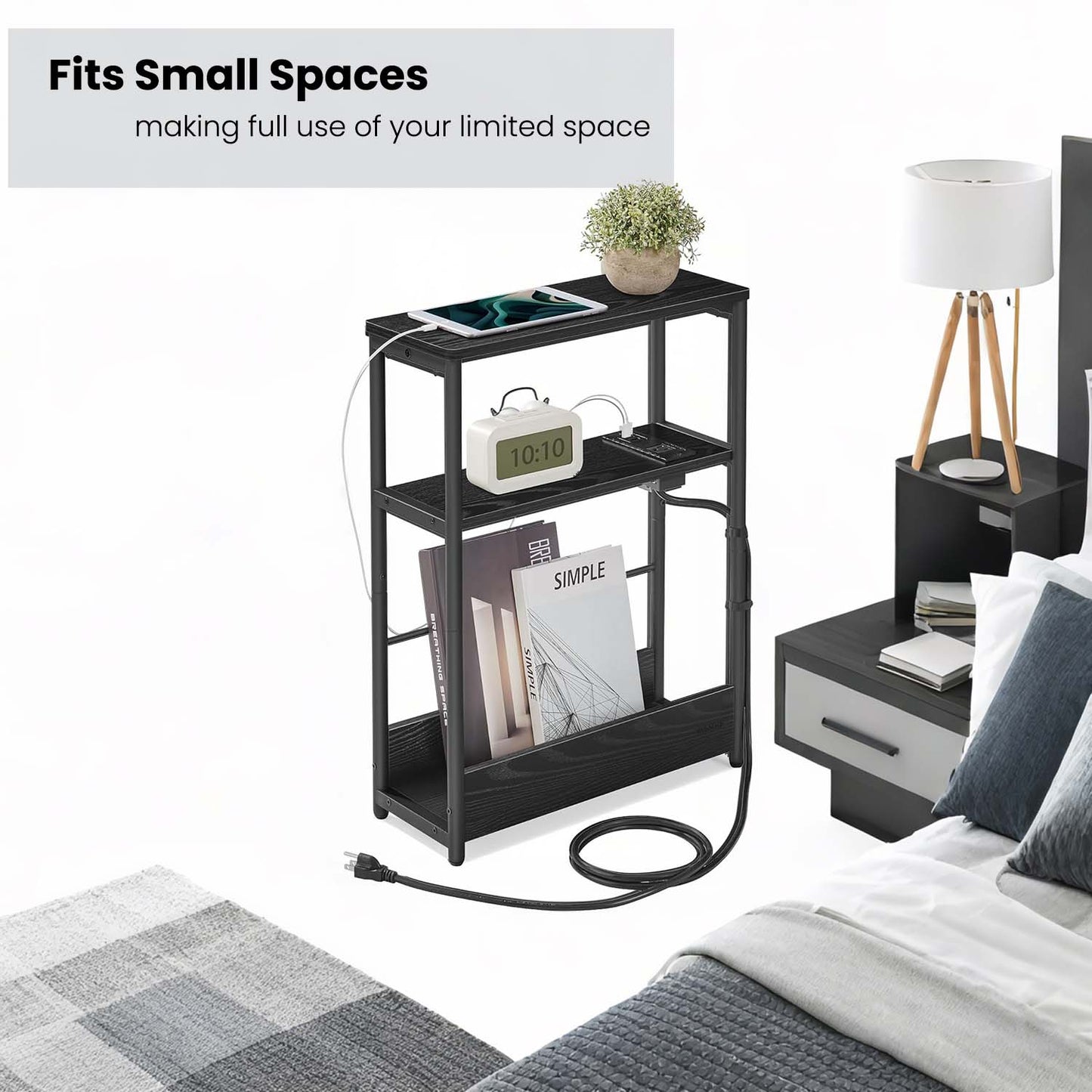 3-Tier Side Table with Charging Station, Narrow End Table with AC Outlet & USB Ports, Nightstand for Living Room, Bedroom, Ebony Black
