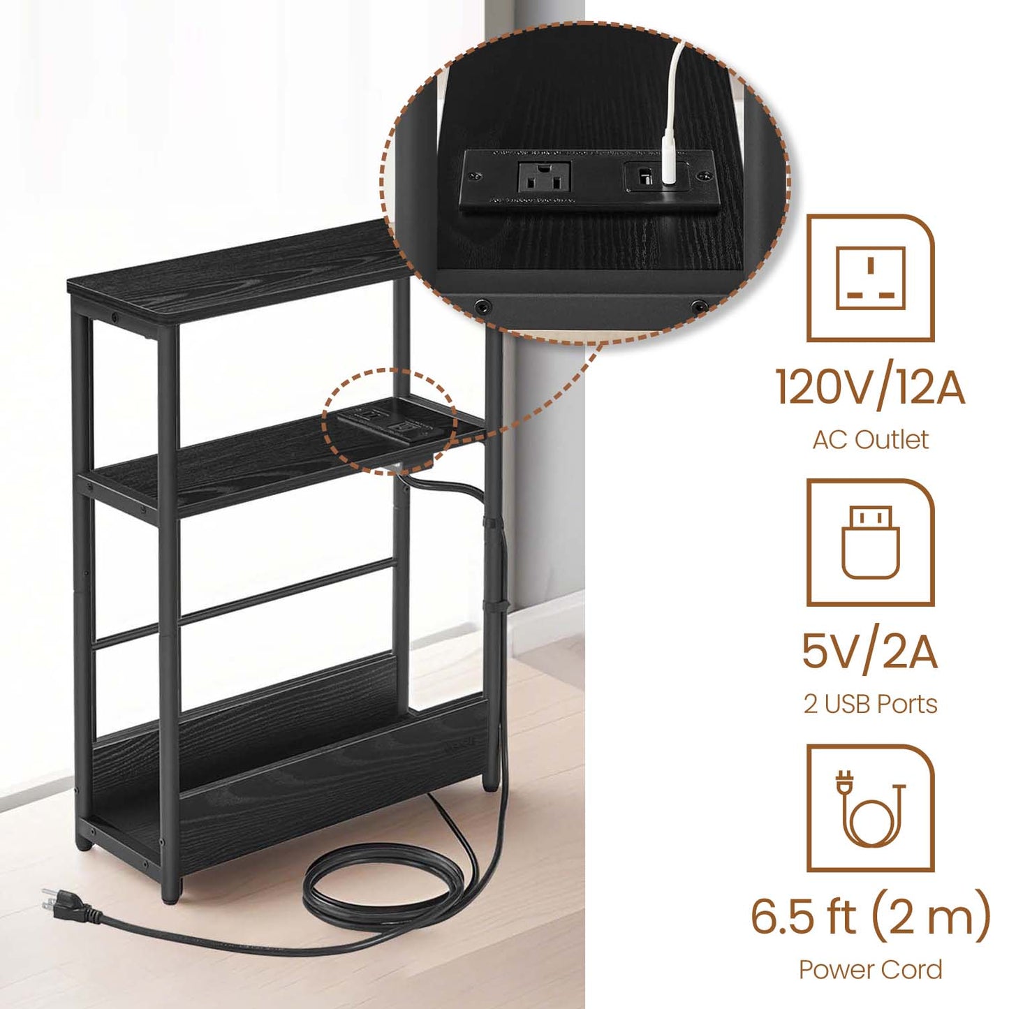 3-Tier Side Table with Charging Station, Narrow End Table with AC Outlet & USB Ports, Nightstand for Living Room, Bedroom, Ebony Black