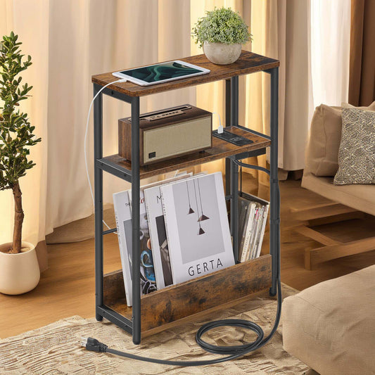 3-Tier Side Table with Charging Station, Narrow End Table with AC Outlet & USB Ports, Nightstand for Living Room, Bedroom, Rustic Brown and Black