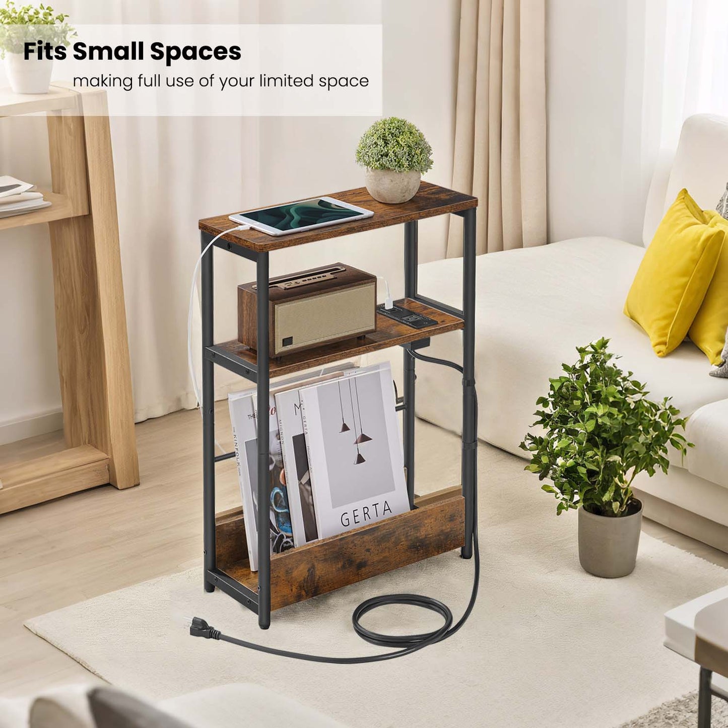 3-Tier Side Table with Charging Station, Narrow End Table with AC Outlet & USB Ports, Nightstand for Living Room, Bedroom, Rustic Brown and Black
