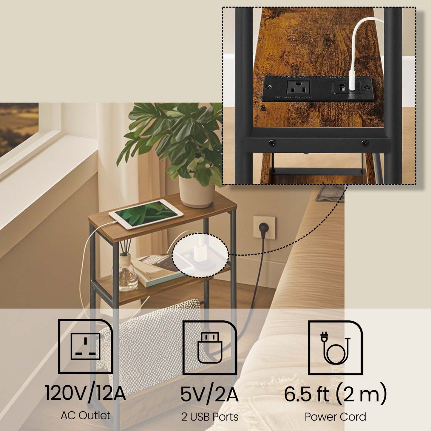 3-Tier Side Table with Charging Station, Narrow End Table with AC Outlet & USB Ports, Nightstand for Living Room, Bedroom, Rustic Brown and Black