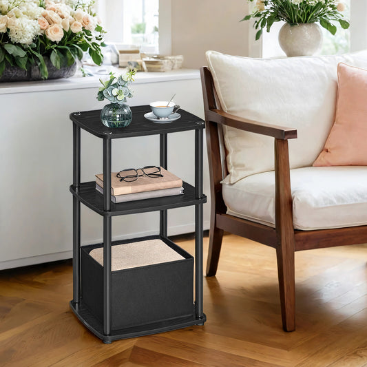 3-Tier End Table with Fabric Basket, Steel Frame Nightstand for Bedroom & Living Room, Toolless Assembly, Modern Design, Ebony Black