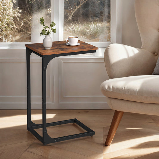 C-Shaped End Table - Slim Sofa Side Table with Metal Frame, Space-Saving Bedside Table for Living Room & Bedroom, Rustic Brown