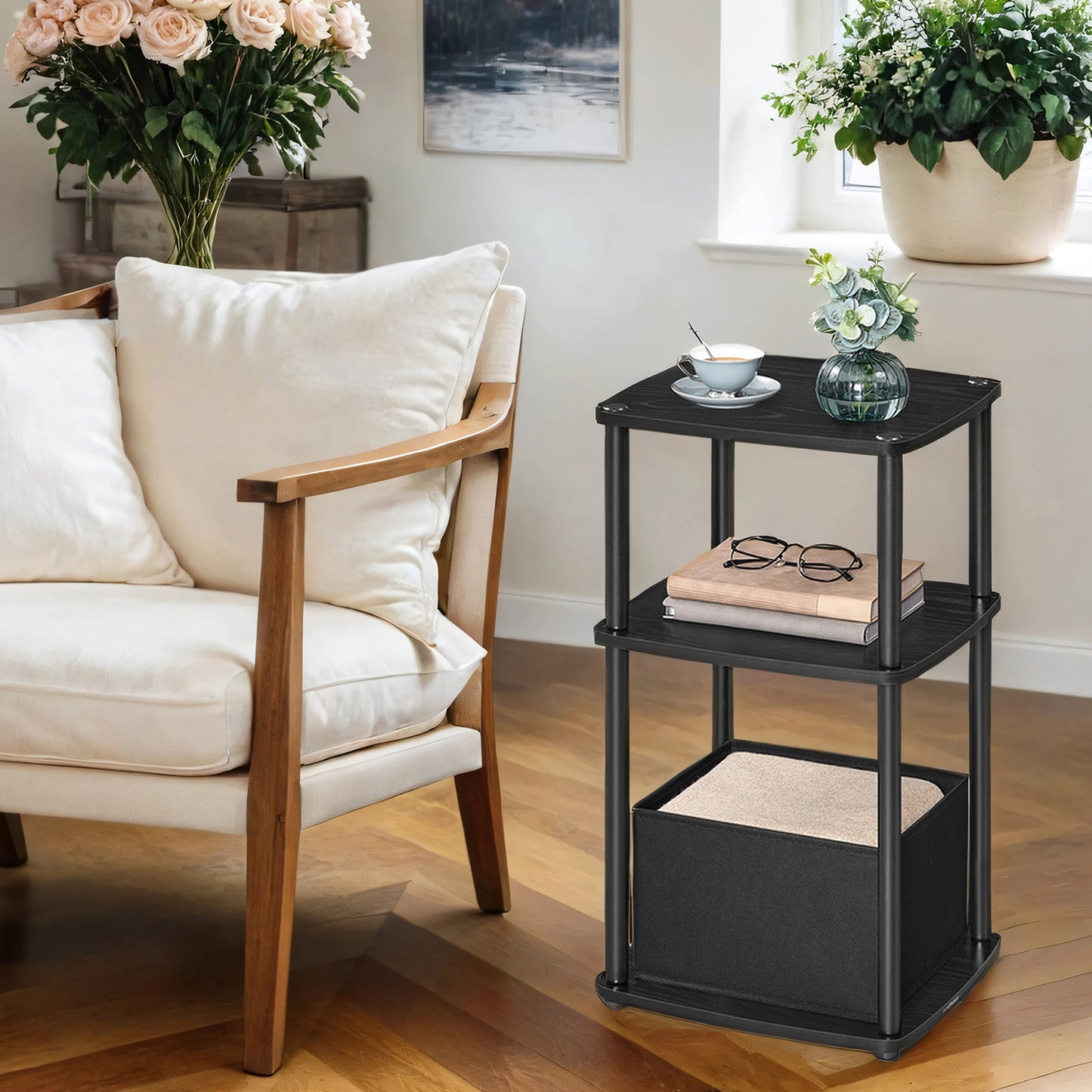 3-Tier End Table with Fabric Basket, Steel Frame Nightstand for Bedroom & Living Room, Toolless Assembly, Modern Design, Ebony Black