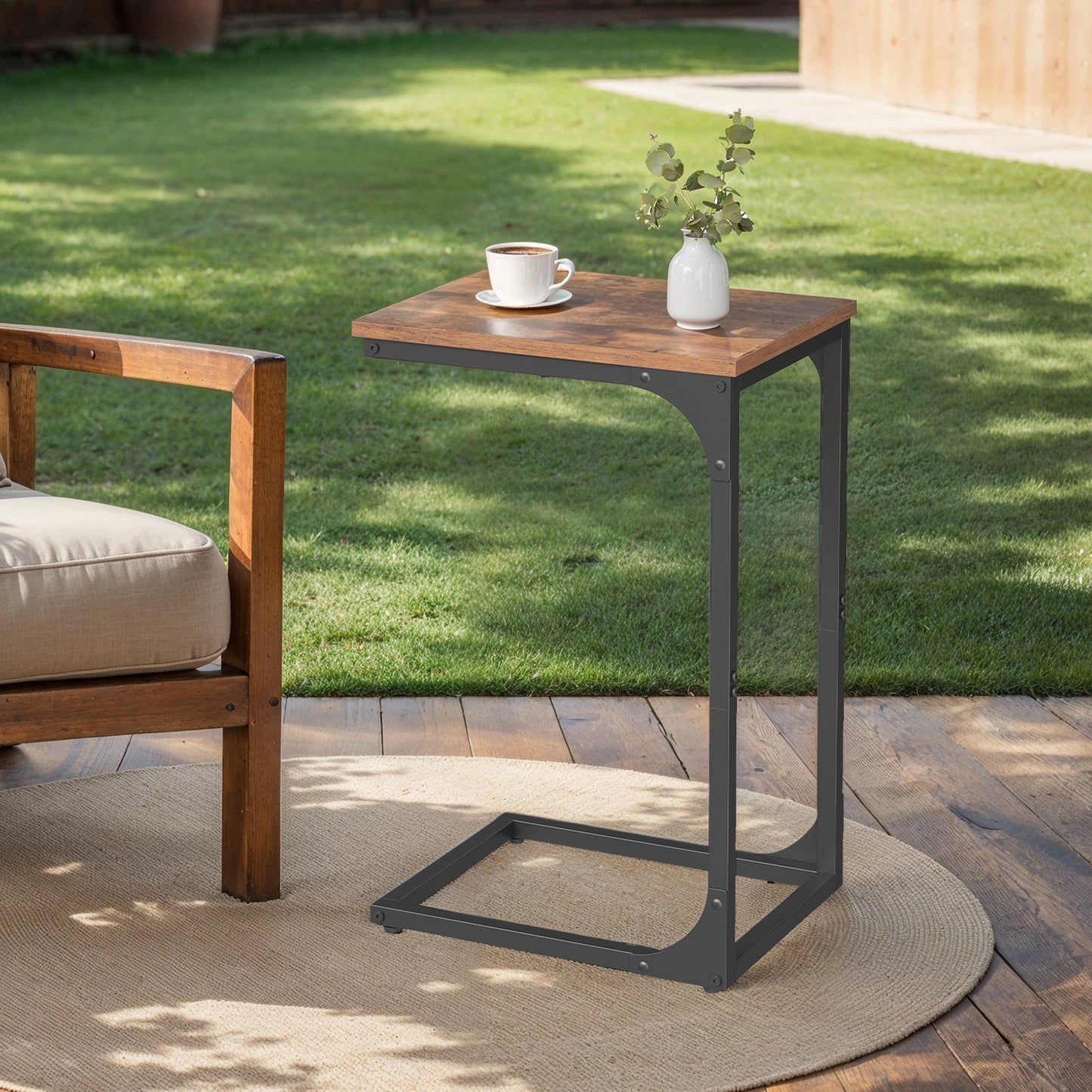 C-Shaped End Table - Slim Sofa Side Table with Metal Frame, Space-Saving Bedside Table for Living Room & Bedroom, Rustic Brown