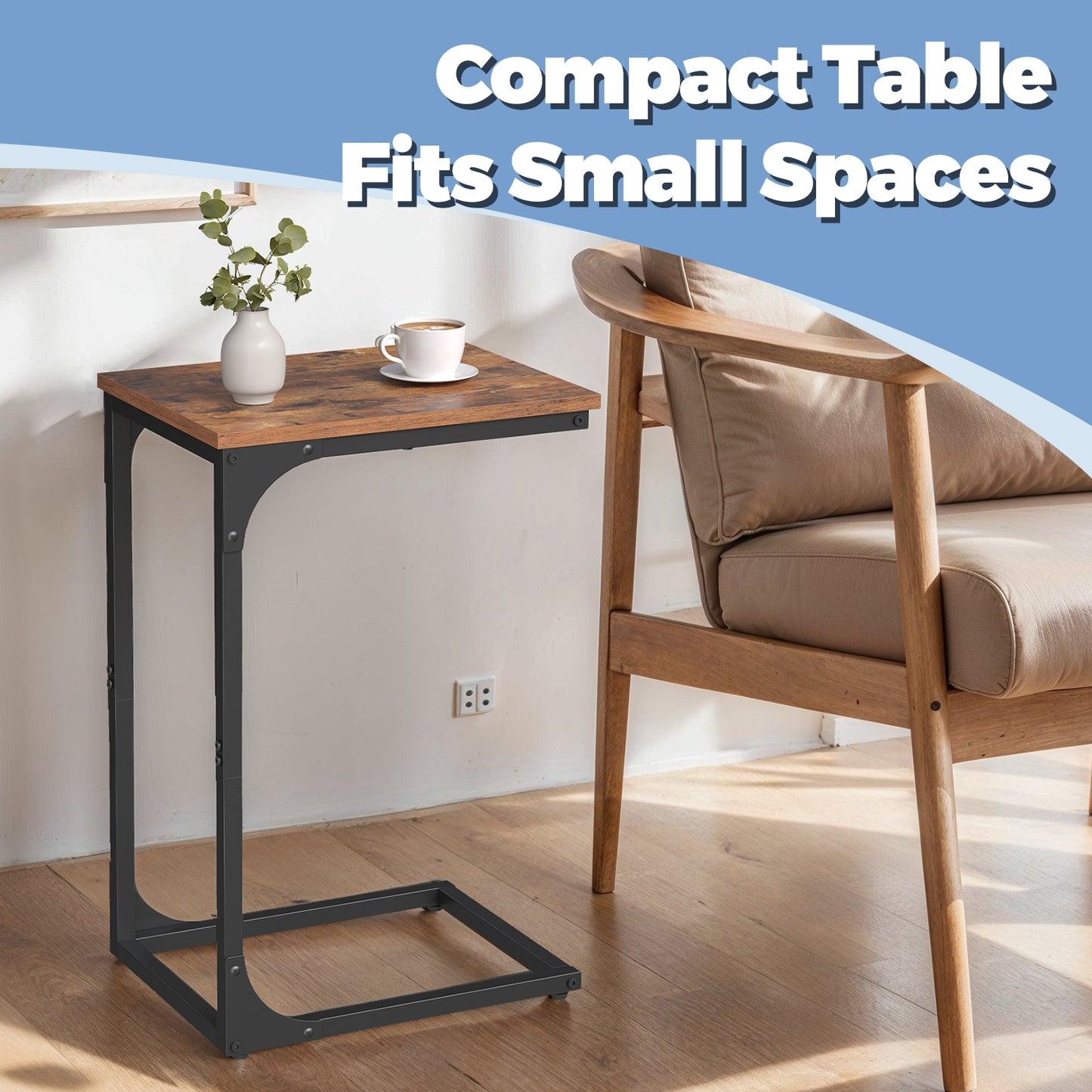 C-Shaped End Table - Slim Sofa Side Table with Metal Frame, Space-Saving Bedside Table for Living Room & Bedroom, Rustic Brown