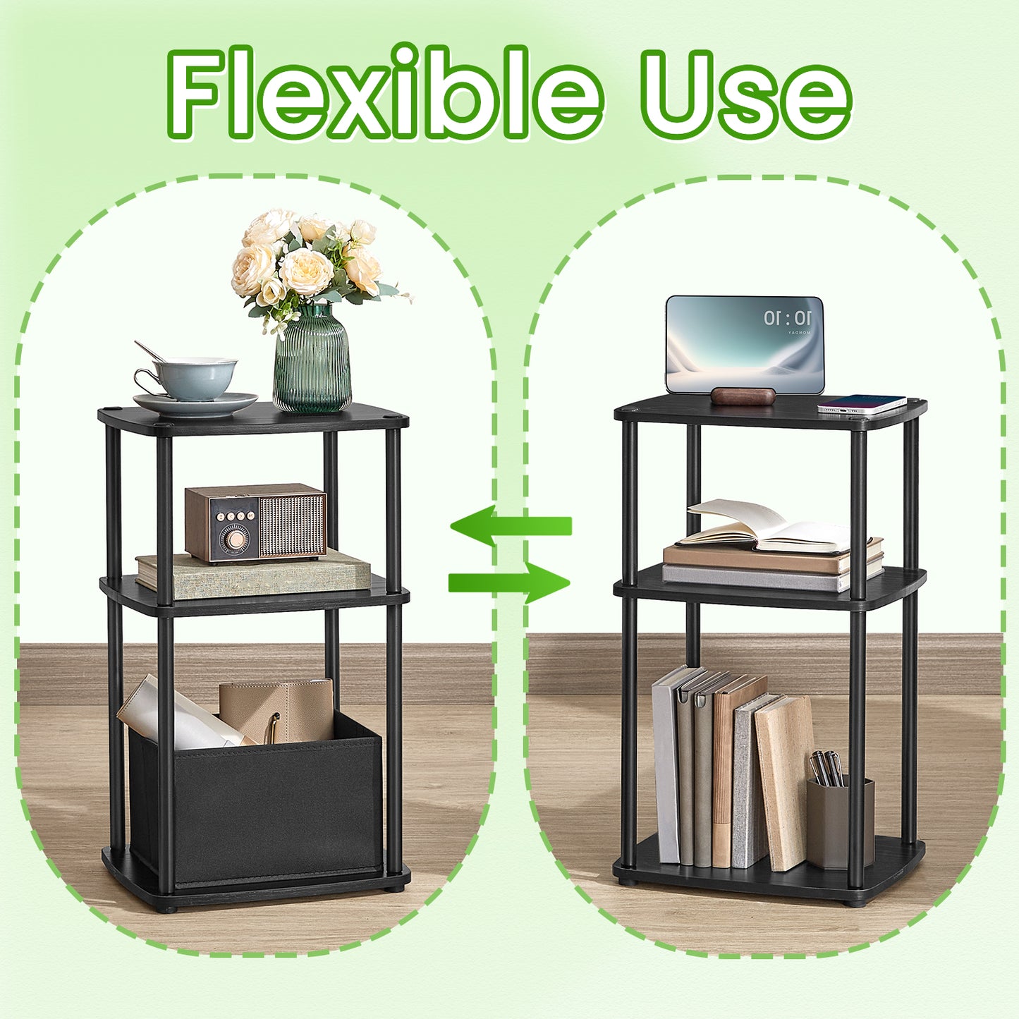 3-Tier End Table with Fabric Basket, Steel Frame Nightstand for Bedroom & Living Room, Toolless Assembly, Modern Design, Ebony Black
