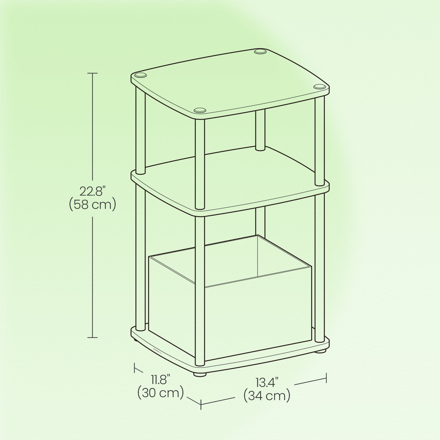 3-Tier End Table with Fabric Basket, Steel Frame Nightstand for Bedroom & Living Room, Toolless Assembly, Modern Design, Ebony Black