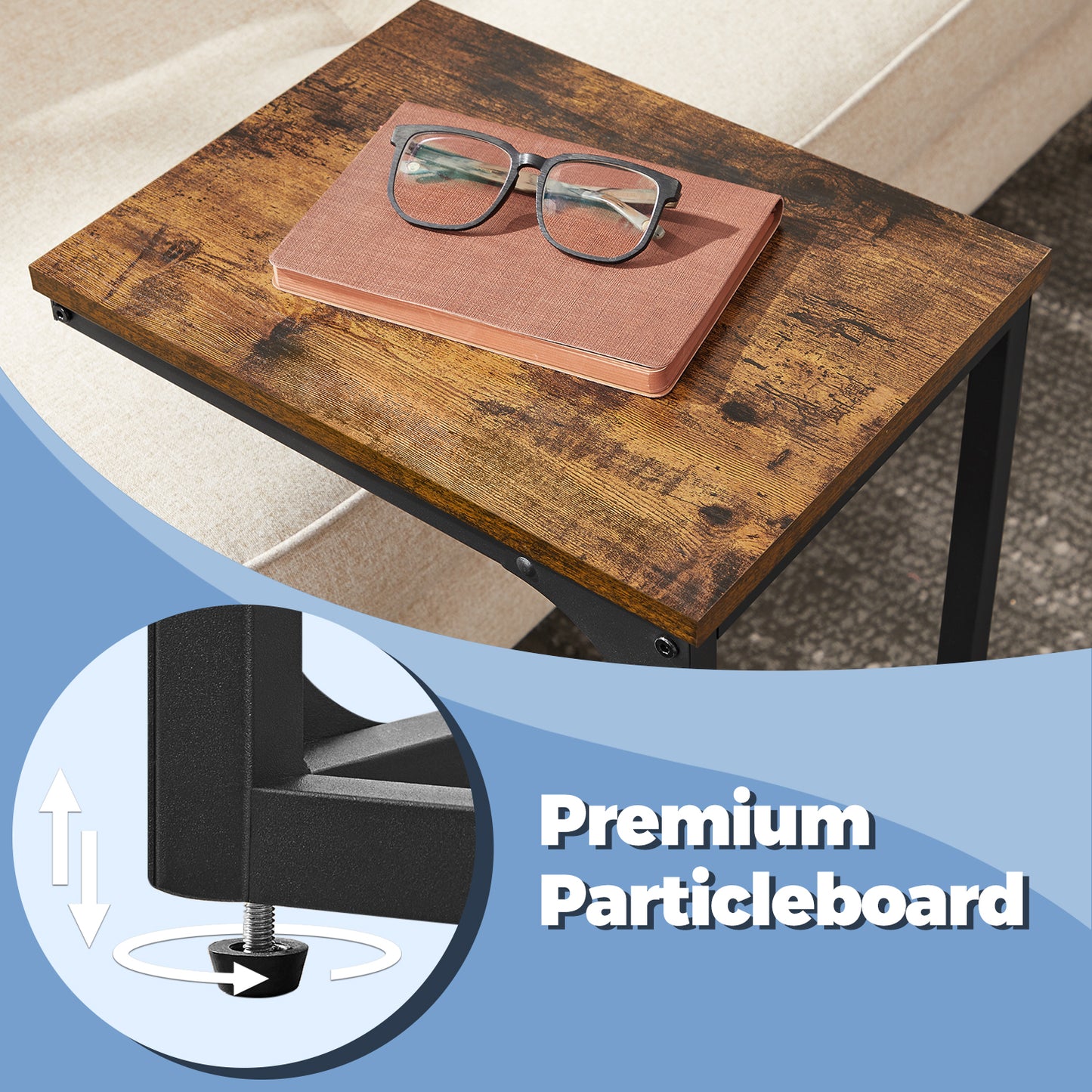 C-Shaped End Table - Slim Sofa Side Table with Metal Frame, Space-Saving Bedside Table for Living Room & Bedroom, Rustic Brown
