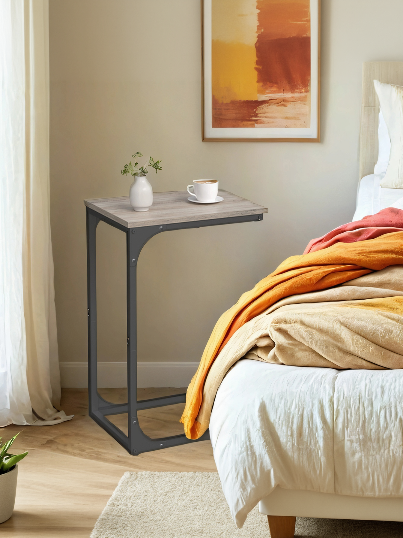 C-Shaped End Table for Sofa and Bed, Small Side Table with Metal Frame for Living Room and Bedroom, Greige and Black