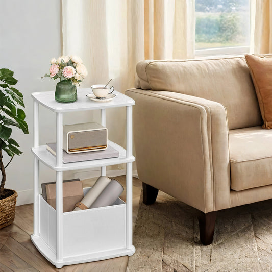 3-Tier Storage End Table with Fabric Basket, Tool-Free Assembly Nightstand for Bedroom & Living Room, Space-Saving Modern Design, White